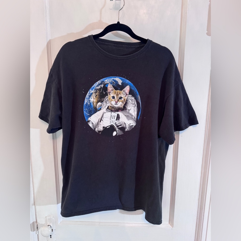Vintage Cat Graphic Oversized T-Shirt Black Space Astronaut XL Tee Cotton
